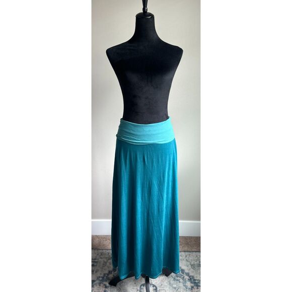 JAMES PERSE Women's Teal Color Block FoldOver Waist Mid Rise Midi Skirt Size 3/L - Picture 1 of 7